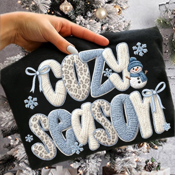 Faux Yarn Cozy Season Winter Png, Leopard Christmas Png, Winter Christmas Png, Chunky Knit Cute Snowman Png, Preppy Christmas Tree Png