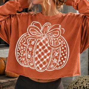 May include: A burnt orange long-sleeve sweatshirt featuring a large white graphic of a pumpkin. The pumpkin design is divided into sections with different patterns, including floral, plaid, and polka dots, topped with a decorative bow.