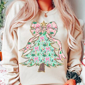 Colorful Coquette Glitter Christmas Tree Png, Girly Christmas Tree Design, Bright Color Christmas Coquette Bow Preppy Png, brushstroke