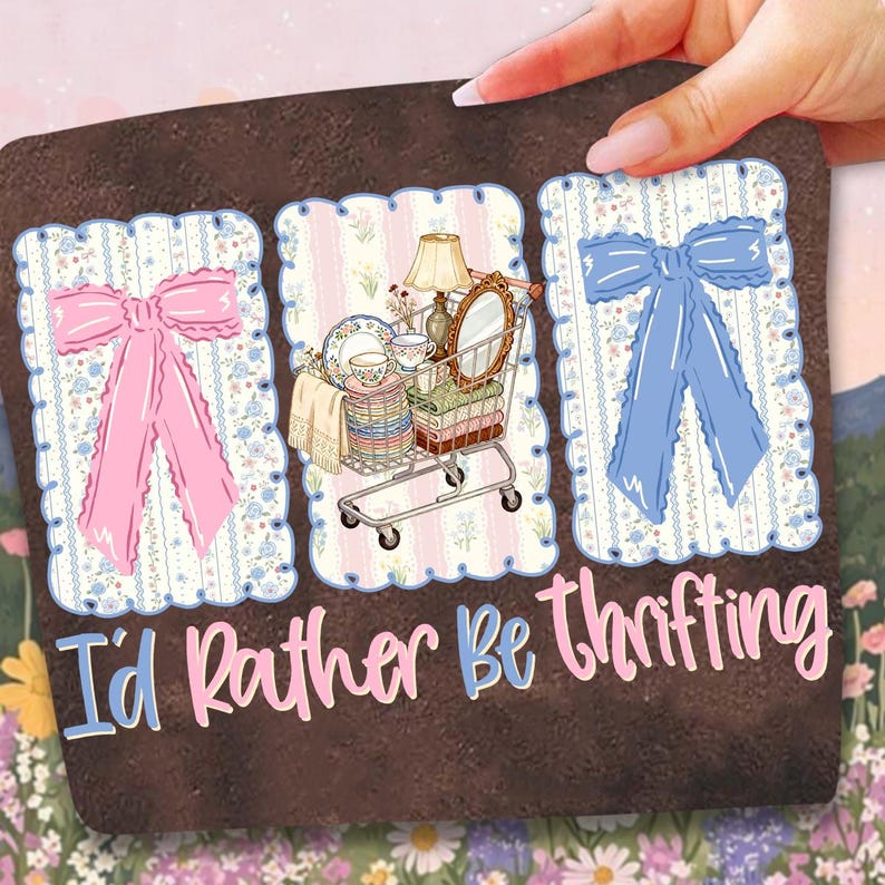 Puede incluir: Un posavasos marr&oacute;n con el texto "I'd Rather Be Thrifting". El posavasos presenta tres paneles decorativos con un lazo rosa, un carrito de compras lleno de art&iacute;culos vintage y un lazo azul. Los paneles tienen un fondo floral y a rayas.