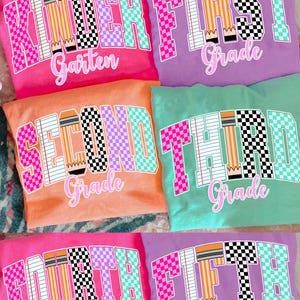 Retro Back to School Girls PNG Checkered Bundle, Kindergarten Kid Design, First Day Shirt PNG, Pre-K to Fourth Grade Png, School Girl File