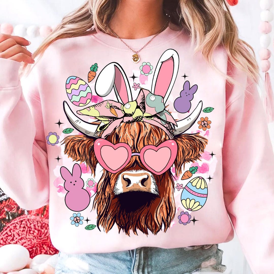 Easter Day Highland Cow PNG, Retro Easter Png, Easter Bunny Png, Easter ...