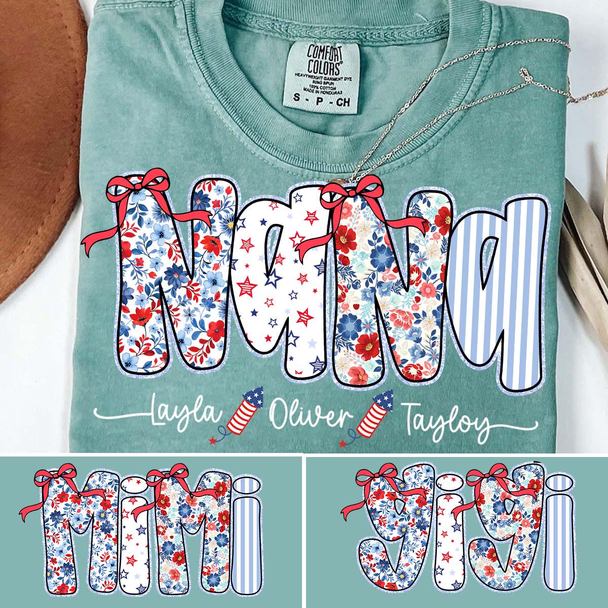 Preppy Nana Mimi Gigi Floral American Glitter Coquette PNG, 4th of July Mom Png, Stars Stripes, USA Png, Retro American Independence