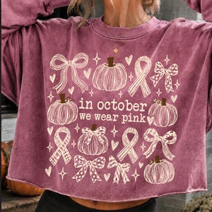 May include: A mauve long-sleeve sweatshirt with a raw hem featuring a white graphic print of pumpkins, bows, and awareness ribbons. The text in the center reads, in october we wear pink, surrounded by small heart and star shapes across the front.
