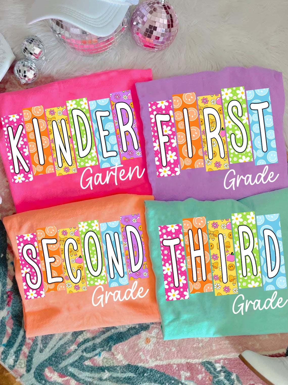 Neon Back to School PNG Bundle, Coquette Floral Kindergarten Pre-K 1st 2nd 3rd 4th Grade Png, Hand Drawn, Girly Pink Bow, Colorful, Smiley