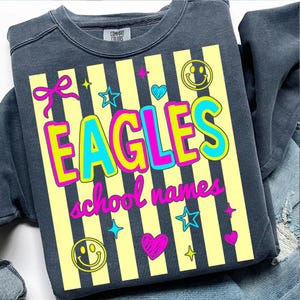 Mascota personalizada con rayas de neón PNG, diseño de espíritu escolar, día de examen de neón PNG, letras florales universitarias, sublimación de regreso a clases, día de examen imagen 3