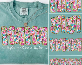 Preppy Mama Floral Glitter Bundle Png, Retro Boho Floral Grammy Nana Gigi with kids names Png, Everyday Png, Custom Preppy Mama Design,