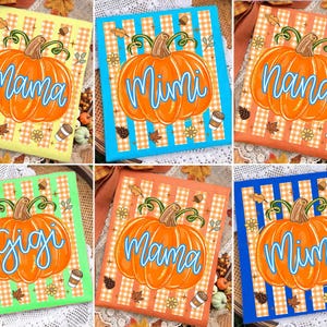 May include: A collection of six rectangular fabric items featuring a central orange pumpkin graphic with a blue script name, surrounded by autumn leaves, acorns, and coffee cups on a background of vertical stripes and a checkered pattern.