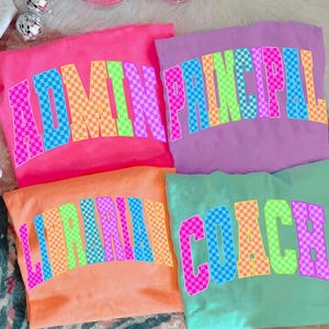 Checkered Neon School Occupation PNG Bundle, Back to School Coach Principal Librarian Coach, Preppy First Day of School Girly Png, Colorful