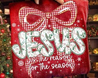 Coquette Floral Christmas Jesus Png, Preppy Christmas Bow Png, Checkered Red Plaid Png, Jesus Is The Reason, Faux Glitter,Nativity Scene Png