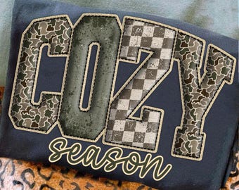 Cozy Season Camo Western Vintage PNG, Retro Camo Country Distressed Varsity Cowboy, Camouflage Checkered Sublimation Png, Camo Cozy Season
