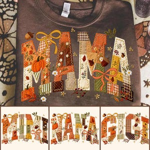 Retro Mama Pumpkin Patchwork Floral Faux Embroidered PNG Bundle, Preppy Floral Pumpkin Bow Shabby Chic Png, Autumn Png, Fall Png,Cottagecore
