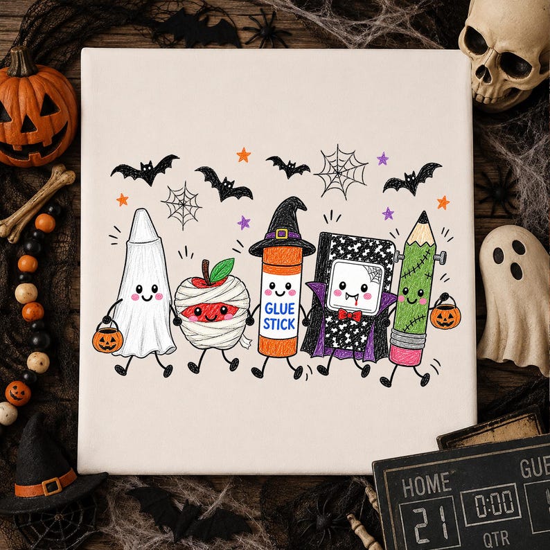 Pode incluir: Uma tela quadrada branca com uma ilustra&ccedil;&atilde;o colorida de cinco materiais escolares antropom&oacute;rficos em trajes de Halloween, incluindo um fantasma, uma ma&ccedil;&atilde; m&uacute;mia, uma cola em bast&atilde;o, um caderno vampiro e um l&aacute;pis Frankenstein.