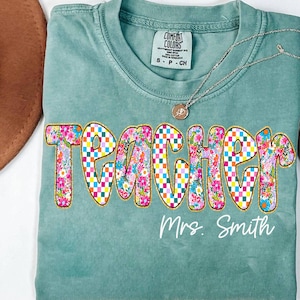 Preppy Teacher Floral Glitter Png, Custom Boho Floral Teacher Png, Everyday Png, Custom Preppy Teacher Design, Checkered Sublimation