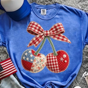 Faux Quilted America Cherry Bow Png, American Flag PNG, Vintage Patchwork Patriotic Design, 4th of July Sublimation,Cottagecore USA Flag Png