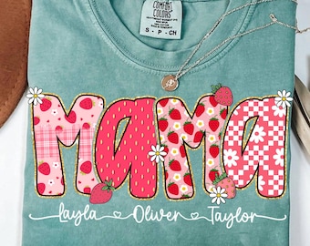 Preppy Mama Strawberry Glitter Png, Cute Strawberry Floral Mama with kids names Png, Everyday Png, Custom Preppy Mama, Checkered Sublimation