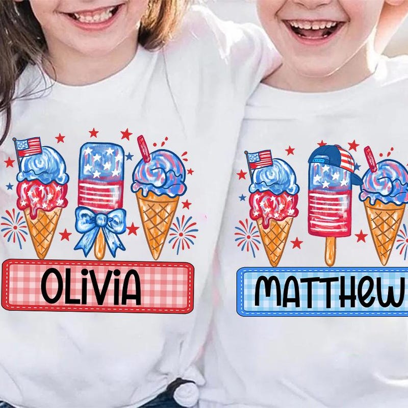 💖Buy 2 Free Shipping💖Personalized Boy Girl 4th Of July Kids , Boy Girl America , Patriotic , Red White Blue , Fireworks, Ice Cream Brushstroke