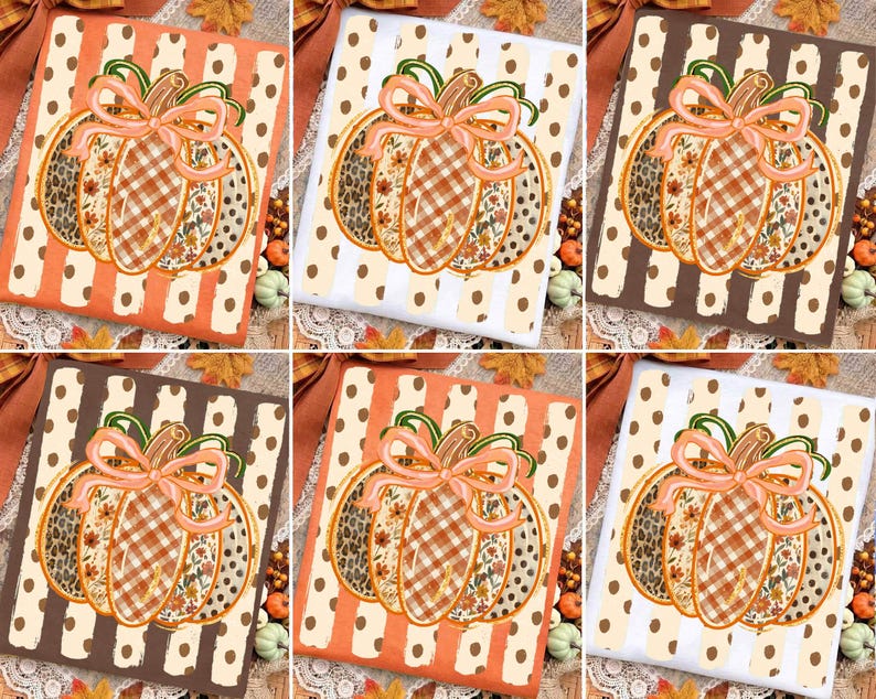 May include: A set of six square fabric napkins featuring a central pumpkin illustration with a peach-coloured bow. Each pumpkin is divided into segments with leopard print, plaid, and floral patterns. The backgrounds feature various striped designs.