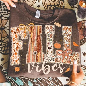 May include: A brown sweatshirt featuring the text "FALL vibes". The letters are decorated with floral patterns, pumpkins, and leaves. The sweatshirt has a crew neck. The design evokes an autumnal theme.