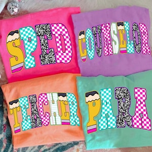 Neon School Occupation Checkered PNG Bundle, Back to School Teacher Sped Para Counselor, Preppy First Day of School Checkered Girly Png