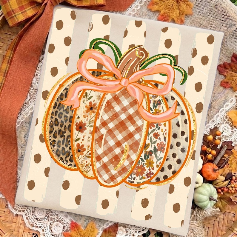 May include: A rectangular sign featuring a central pumpkin illustration with a light pink bow. The pumpkin segments display leopard print, orange floral patterns, and orange gingham. The background has beige vertical stripes with brown polka dots.