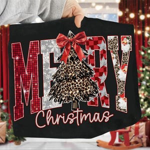 May include: Black Christmas-themed graphic with the words "MERRY Christmas" in red, silver, and leopard print. A leopard print Christmas tree with a red bow is in the center. Santa Claus images are on the right.