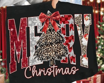 Coquette Merry Christmas png, Checkered Star Leopard Letters Christmas png, Faux Glitter Png, Christmas Tree Png, Xmas Holiday PNG, Disco
