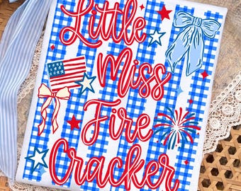 Retro Striped Blue Gingham Little Miss Firecracker Png, Kids 4th Of July Png, Land Of The Free, American Girl, Patriotic Png, Red White Blue