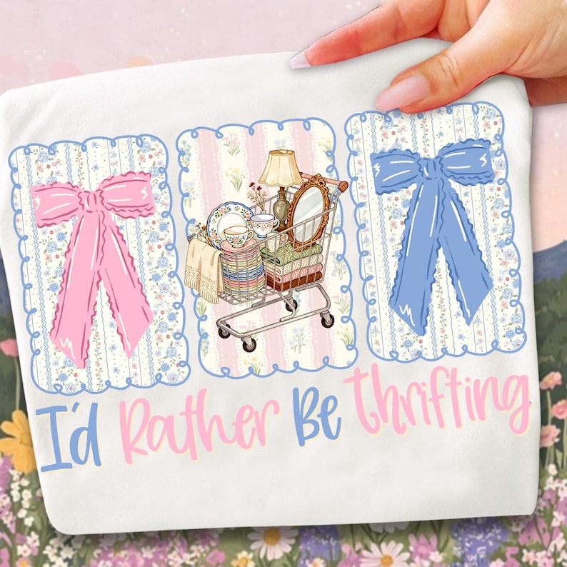 Puede incluir: Camiseta blanca con un dise&ntilde;o gr&aacute;fico que presenta un lazo rosa, un carrito de compras lleno de art&iacute;culos vintage y un lazo azul. El texto "I'd Rather Be Thrifting" est&aacute; escrito en rosa y azul.