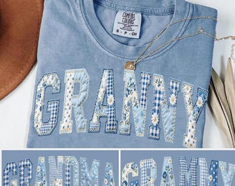 Grandma Blue Toile Patchwork Floral Easter Png Bundle, Granny/Grammy Chinoiserie Shabby Chic Png, Cottagecore Varsity, Blue White Quilt Png