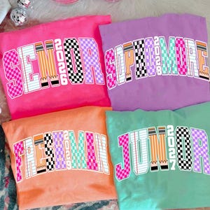 May include: Four brightly coloured t-shirts, each in a different shade: pink, purple, orange, and teal. Each shirt displays the word "Senior", "Sophomore", "Freshman", or "Junior" with the year 2026, 2028, 2029, or 2027. The text is in a checkerboard pattern.