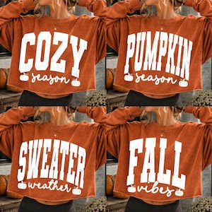 May include: A collection of four rust-orange long-sleeve cropped sweatshirts featuring white distressed lettering. The shirts display the phrases COZY season, PUMPKIN season, SWEATER weather, and FALL vibes, each accented with small white pumpkin icons.