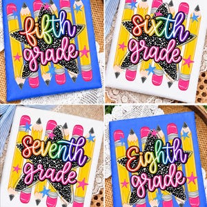 May include: A set of four rectangular signs featuring yellow pencils, a black and white speckled star, and colorful text reading fifth grade, sixth grade, seventh grade, and eighth grade, displayed on blue and white backgrounds with small stars.