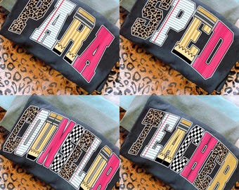 Retro School Occupation PNG Bundle, Back to School Teacher Sped Para Counselor, Pink Preppy Glitter Leopard Checkered Girly Png, Drawn