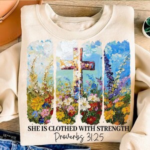 She is Clothed with Strength PNG, Wildflower Christian Png, Bible Verse Png, Brushstroke Png, Christian Boho Png, Jesus, Faith, God, Mama