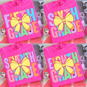 Preppy Neon Back To School Bundle Png, 5th/ 6th/ 7th/ 8th Grade Design, Coquette School Bundle Png, Teacher Pencil Bow Png, Sublimation