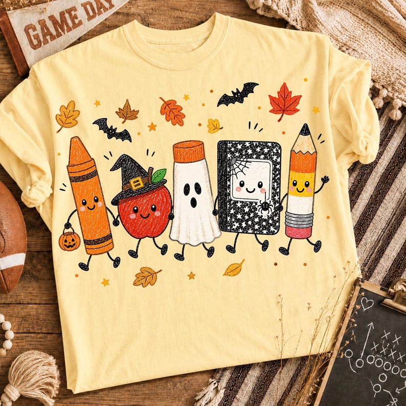 May include: A pale yellow t-shirt featuring a colorful graphic of five anthropomorphic school supplies: an orange crayon holding a pumpkin, a red apple wearing a witch hat, a white ghost, a black notebook with a spider, and a yellow pencil.