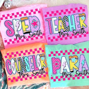 Retro School Occupation PNG Bundle, Back to School Teacher Sped Para Counselor, Preppy First Day of School Checkered Girly Png, Hand Drawn