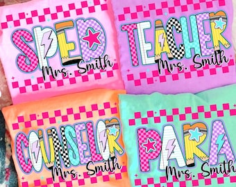 Retro School Occupation PNG Bundle, Back to School Teacher Sped Para Counselor, Preppy First Day of School Checkered Girly Png, Hand Drawn