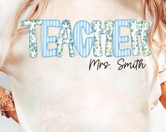 Preppy Teacher Blue Floral Stripes Png, Custom Boho Floral Teacher Png, Everyday Png, Custom Preppy Teacher Design, Blue Stripe Flowers Png