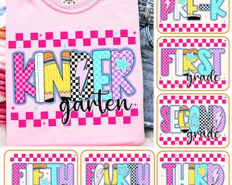 Retro Zurück zu Schulmädchen PNG kariertes Bündel, Kindergarten-Kid-Design, Ersttags-Shirt PNG, Pre-K bis vierte Klasse Png, Schulmädchen-Datei