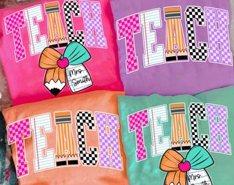 Retro TEACH Checkered PNG, Teacher Back to School PNG Distressed, Custom Coquette 1st 2nd 3rd Grade Teacher name Png, Hand Drawn,Colorful