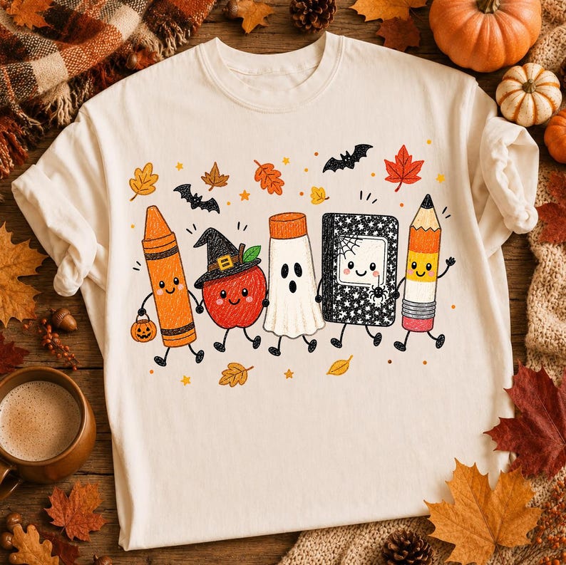 May include: A cream-colored t-shirt featuring a graphic print of five anthropomorphic school supplies and a fruit character. The design includes an orange crayon, a red apple wearing a witch hat, a white ghost, a black notebook, and a yellow pencil.