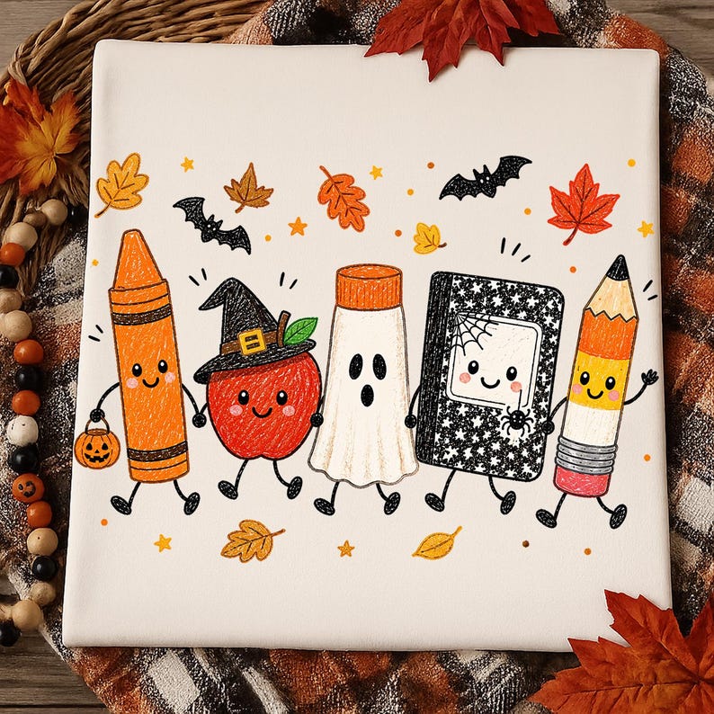 May include: A white t-shirt featuring a colorful graphic of five anthropomorphic school supplies and a ghost holding hands. The design includes an orange crayon, a red apple wearing a witch hat, a white ghost, a black notebook, and a yellow pencil.
