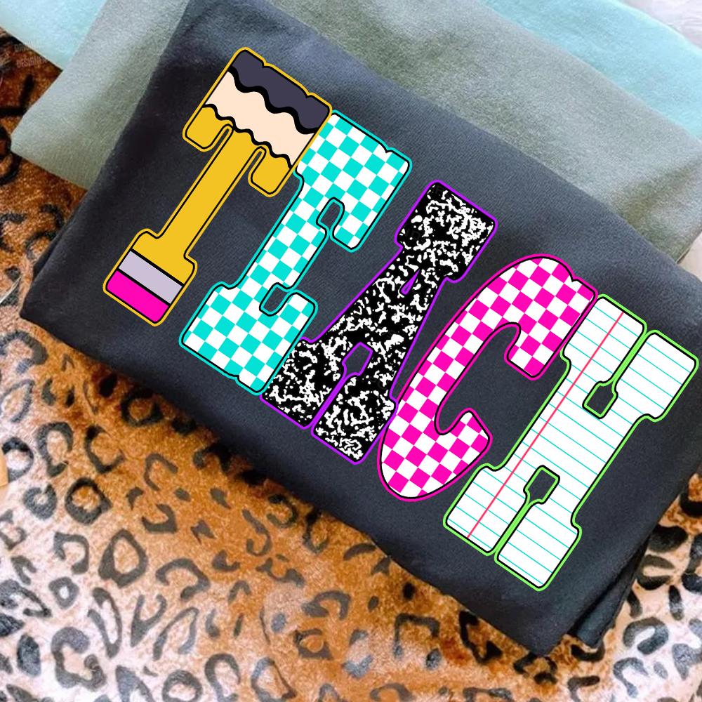 Neon Checkered TEACH PNG, Teacher Back to School PNG Neon Disstressed, Coquette 1st 2nd 3rd Grade Teacher Png, Hand Drawn,Colorful