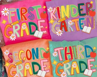 Paquete PNG de regreso a clases, Pre-kínder 1.º, 2.º, 3.º y 4.º grado, PNG con purpurina, Escuela neón con flores para jardín de infantes, Primer día de clases