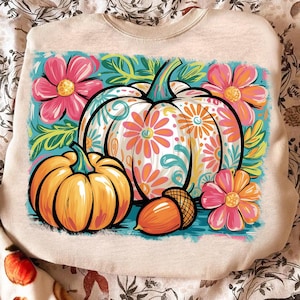 Fleurs d&#39;automne citrouilles Png, Sublimation de chemise d&#39;automne florale bohème, ambiance girly d&#39;automne Png, coup de pinceau automne preppy Png, saison citrouille rose Png