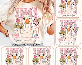 Paquete PNG de ganso de regreso a clases, diseño de camiseta para el primer día de clases de maestra coqueta, sublimación floral preppy, preescolar, 1.º, 2.º, 3.º y 4.º grado