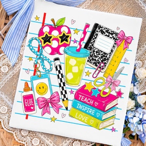 Colorful Teacher Apple Png, School Supplies PNG, Checkered Polka Dot Pencil Scissors Ruler Bow Png, Preppy Teacher Coffee Png,Back to School