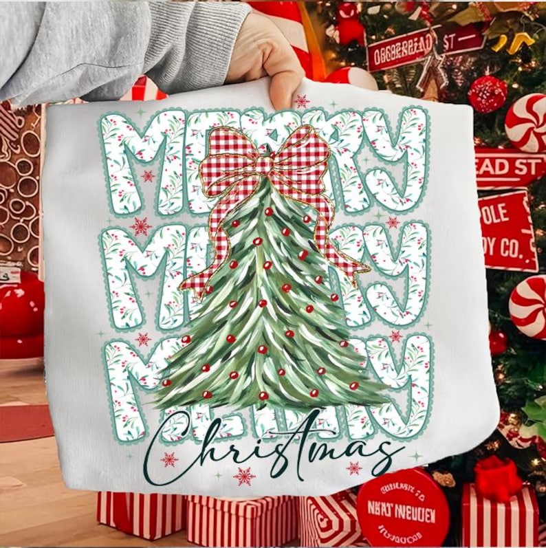 Coquette blommig god jul png, preppy julrosett png, rutig röd pläd png, julgran, konstglitter, Coquette rosett png bild 2